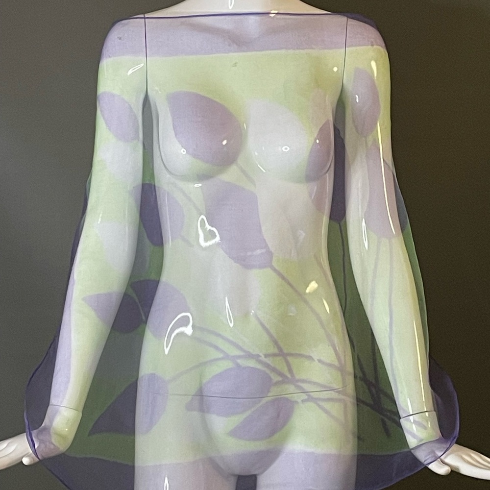 Vintage Sheer Nylon Scarf Purple Green Floral Print 30 In Sq Excellent Condition